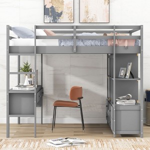 PAGED Full Size Loft Bed with Desk Modern Wooded Bed Frame with Storage Shelves and Drawers for Bedroom - 1 of 4