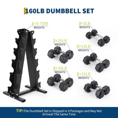 200LB Hex Dumbbell Set with A-Rack - 10-30LB Rubber Coated Dumbbells & Sturdy Black A-Frame Stand, Cast Iron