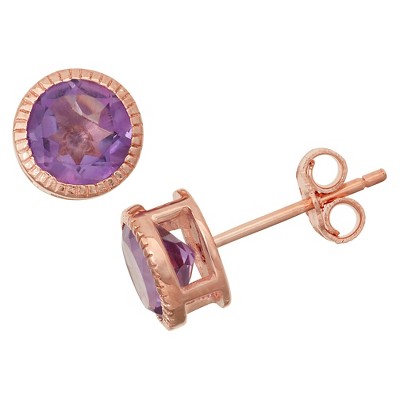 14k Rose Gold Over Sterling Silver Round Simulated Amethyst Bezel Set Stud Earrings 