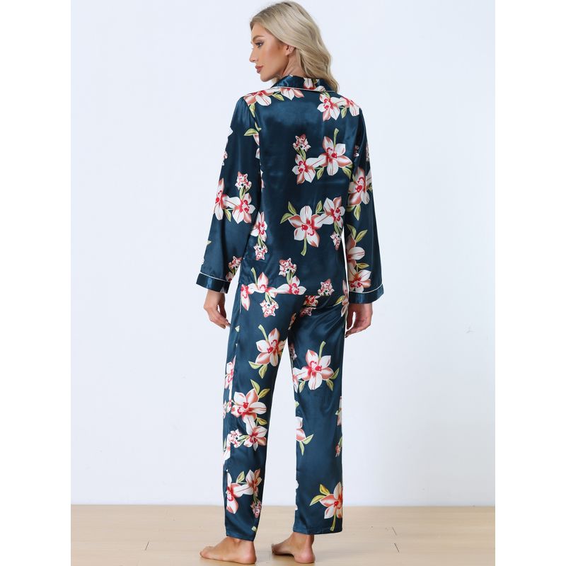 cheibear Women's Satin Silky Floral Button Down Long Sleeve Sleepshirt with Pants 2-Piece Pajama Set, 3 of 6