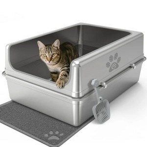LunaLulinlk Extra large stainless steel cat litter box with lid, suitable for large cats, paw print design, non-stick, odorless - 1 of 4