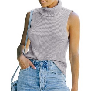 Womens Turtleneck Sweater Sleeveless Slim Fit Knit Pullovers Casual Basic Stretch Tank Top - 1 of 2