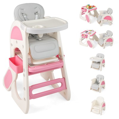 Safstar Convertible Baby High Chair, Toddler Feeding Highchair w/2-Sided Whiteboard/Building Block Top, Adjustable Backrest, Tilting Back, Pink