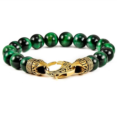 Crucible Men's Green Tiger Eye Stone Bead Antiqued Lobster Clasp Bracelet (10mm) - 8"