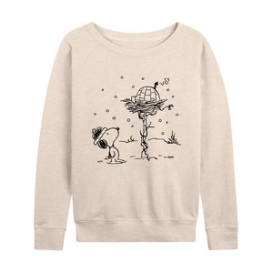 Women's - Peanuts - Snoopy Woodstock Igloo Lightweight French Terry Wide Neck Long Sleeve Shirt - 1 of 4