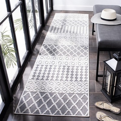 Ivory and Gray Geometric Indoor/Outdoor Runner Rug