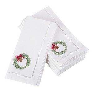 Saro Lifestyle Embroidered Wreath Design Hemstitched Trim Border Cotton Napkin - Set of 6, 20", White - 1 of 2
