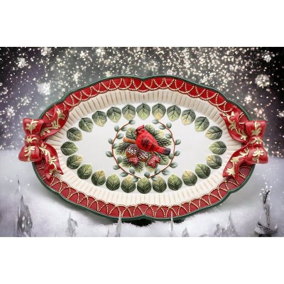 Hand Painted Ceramic Holiday Cardinal Oval Platter