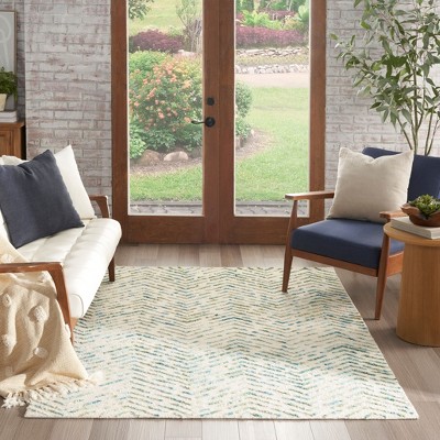 Artisanal Chevron Ivory & Green Hand-Tufted Wool Rug 5' x 7'