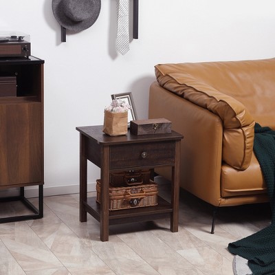 CIPACHO End Table with Drawer, Side Table with Top and Bottom Shelf for Small Spaces, Dark Brown