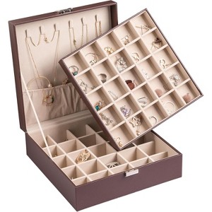 2-Layer Earring Holder with 50 Slots, PU Leather Jewelry Organizer & Storage Box for Earrings and Necklaces, Black - 1 of 4