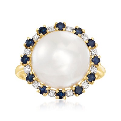Ross-Simons 12.5-13mm Cultured Button Pearl and .60 ct. t.w. Sapphire Ring With Diamond Accents in 14kt Yellow Gold