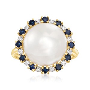 Ross-Simons 12.5-13mm Cultured Button Pearl and .60 ct. t.w. Sapphire Ring With Diamond Accents in 14kt Yellow Gold - 1 of 4