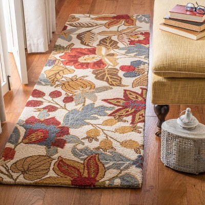 Ivory and Multicolor Floral Wool Runner Rug, 2'3" x 6'