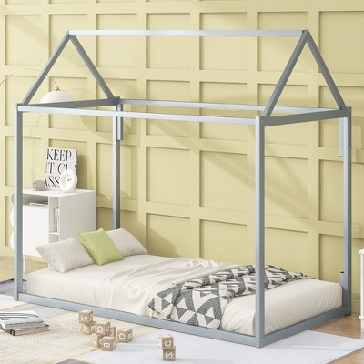 Twin Size Floor Bed For Kids, Floor Bed With Roof, House Bed For Boys Girls, Metal House Shape Platform Bed Twin Single Bed