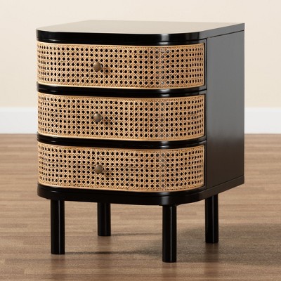 Nabila Black Bayur Wood and Natural Rattan 3-Drawer Nightstand