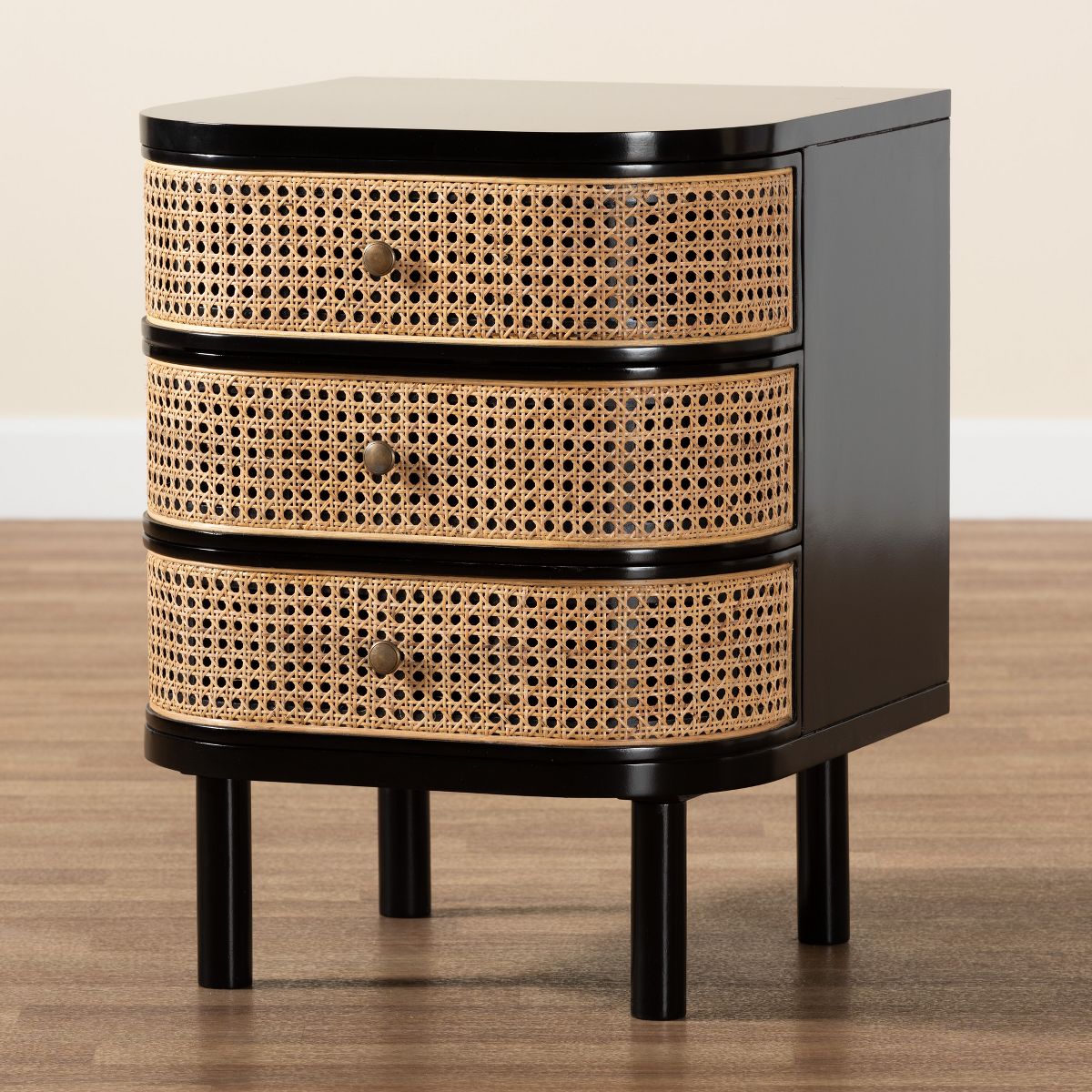 bali & pari Nabila Modern Bohemian Black Bayur Wood and Natural Rattan 3-Drawer End Table Nightstand - thumbnail 9