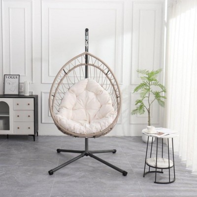 Hanging Chair With Stand, Patio Egg-Shaped Swing Chair With Cushion, Indoor Rocking Chair, Outdoor Hammock Egg-Shaped Chair-Cuddlewood