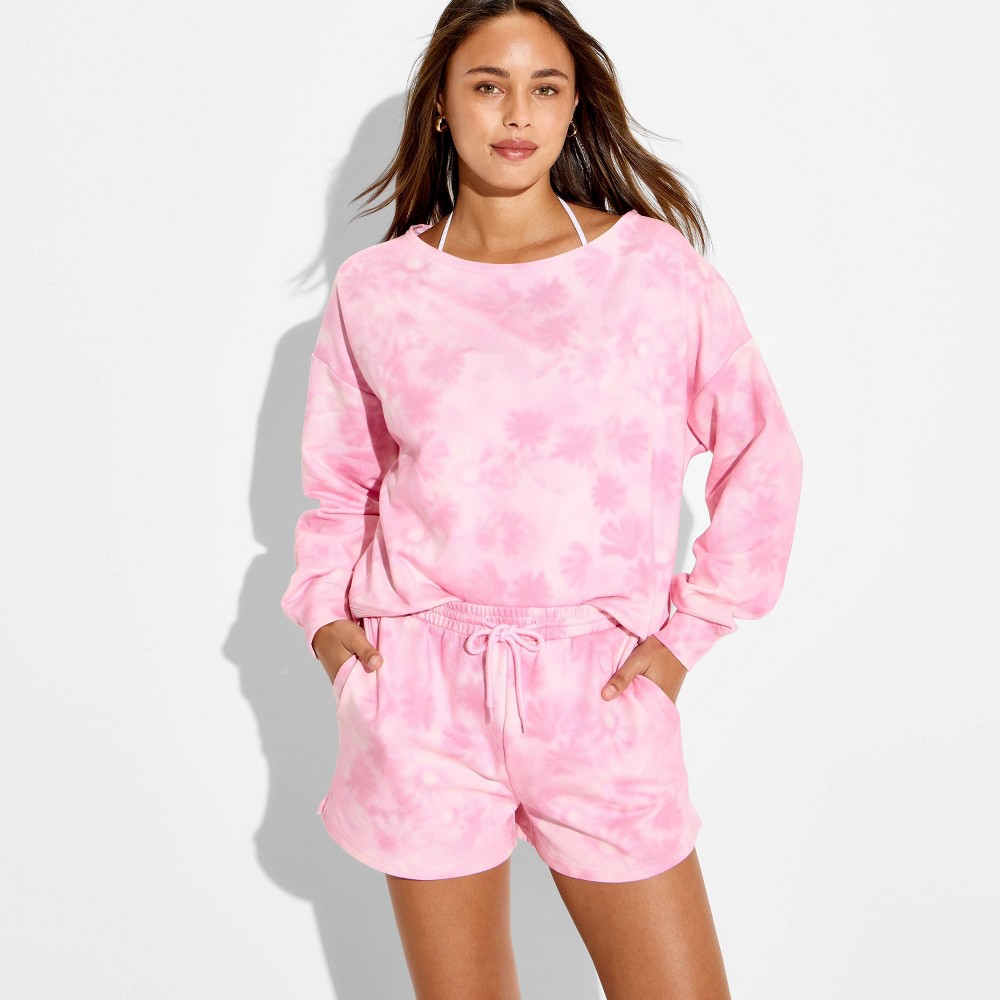 Vinyl Threads Women's Mid-Rise Floral Tie Dye Graphic Pull-On Shorts - Pink S