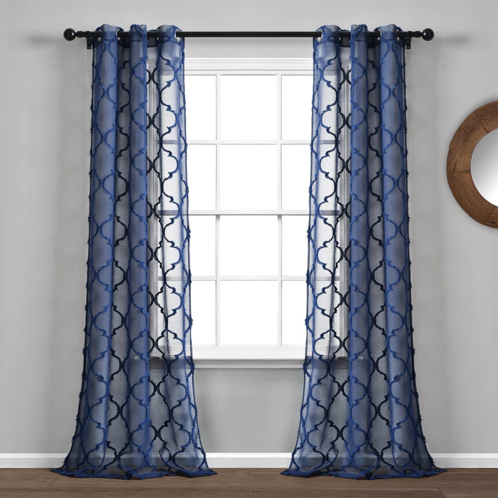 Photos - Curtain Rod / Track 2pk 38"x84" Lush Décor Sheer Avon Trellis Curtain Panels Navy Blue: Modern Cotton Microfiber Grommet Top Drapes