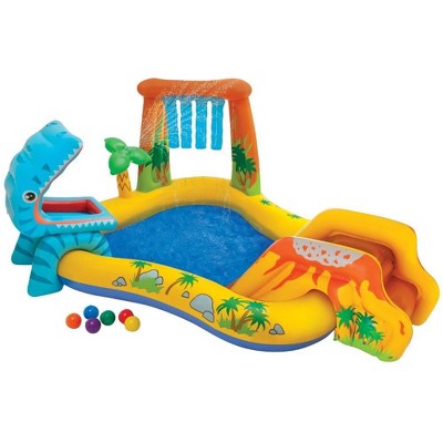 Intex 57444EP 8ft x 6.25ft x 43in Outdoor Dinosaur Water Splash Play Center Inflatable Kids Set Swimming Pool with Sprayer, Slide, and 6 Play Balls