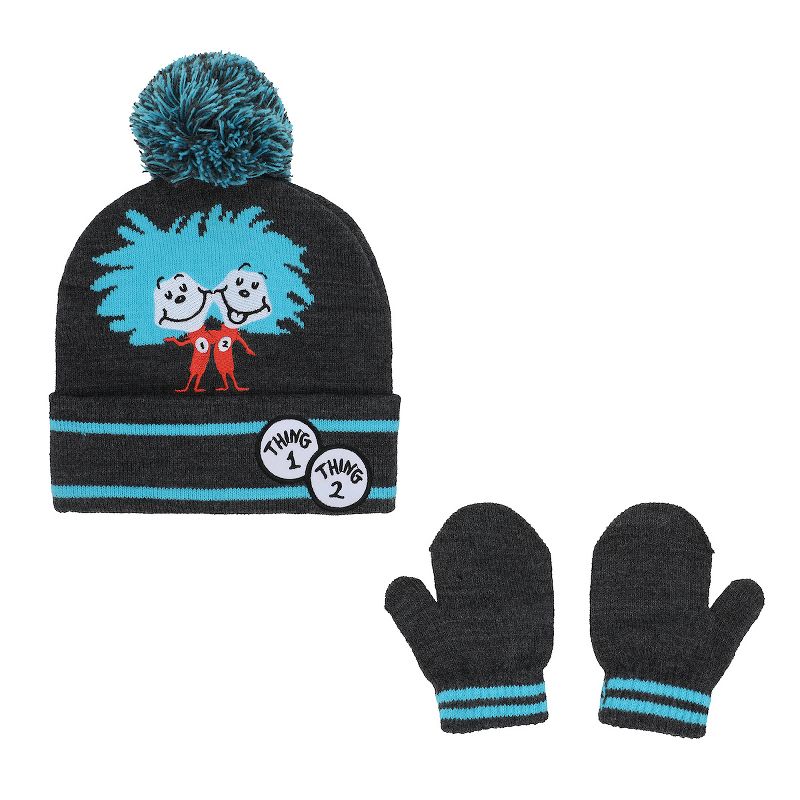Dr. Seuss Thing 1 and Thing 2 Youth Cuffed Pom Beanie and Gloves Set, 1 of 6