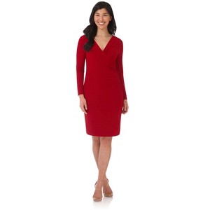 Rekucci Women's Flattering Long Sleeve Crossover Dress – Slimming V-Neck Knee Length - 1 of 3