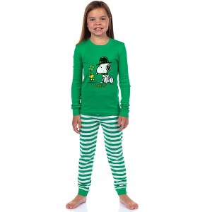 Peanuts ST. Patrick's Day Snooy and Woodstock Lucky Tight Fit Cotton Matching Family Pajama Set Green - 1 of 4