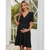 Womens Maternity Dress V Neck Ribbed Knit Short Sleeve Ruffle Dress Wrap Front Tie Dress for Pregnancy Baby Shower Photography - 3 of 4