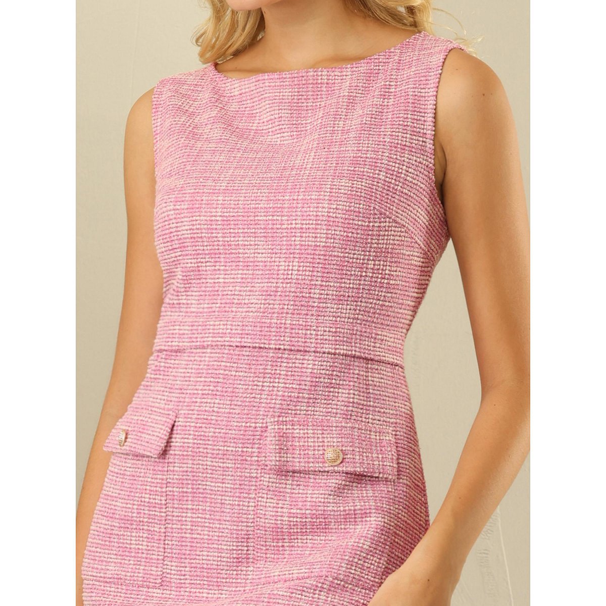 Женские платья INSPIRE CHIC Women's Sleeveless Tweed Boat Neck Work Office Sheath Dresses Pink Medium — фото 2