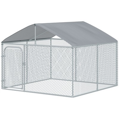 Silver Outdoor Metal Dog Kennel with Mesh Sidewalls and Cover