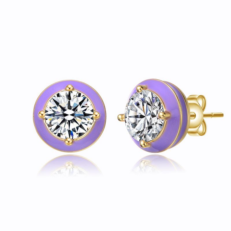 Young Adults/Teens 14k Yellow Gold Plated with Clear Cubic Zirconia Purple Enamel Round Halo Stud Earrings, 2 of 4