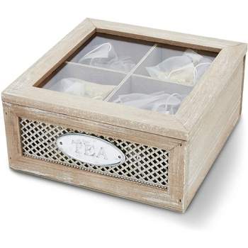 Juvale Wooden Box for Tea Bags Organizer, Rustic 4-Compartment Container with Clear Lid, 7 x 7 x 3 In