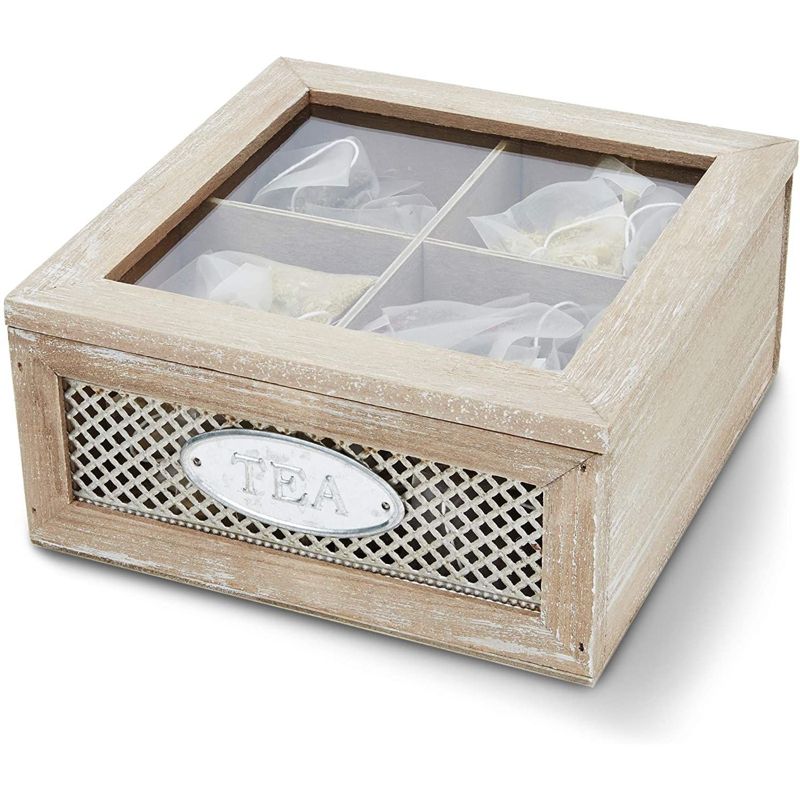 Juvale Wooden Box for Tea Bags Organizer, Rustic 4-Compartment Container with Clear Lid, 7 x 7 x 3 In, 1 of 8