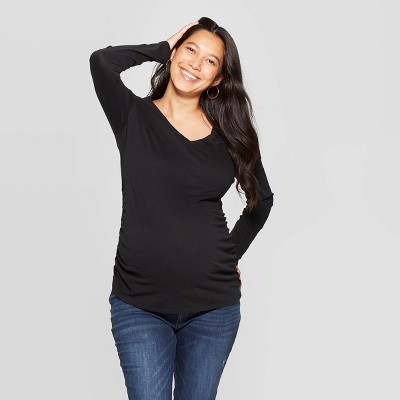 Long Sleeve V-Neck Side Shirred Maternity T-Shirt - Isabel Maternity by Ingrid & Isabel™ Black M