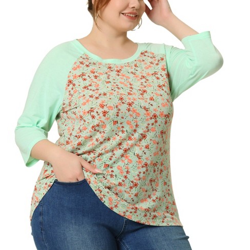 Agnes Orinda Women's Plus Size 3/4 Raglan Sleeves Floral Dressy Casual  Peasant Tops Green 4X