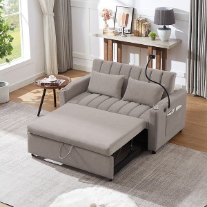 55.9" Bella Fabric Convertible Loveseat Sofa Bed with 3 USB Ports, Cup Holders, Side Pockets & 360° Swivel Phone Holder - 1 of 4