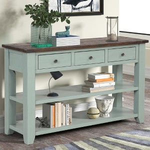 48.82"W Retro Pine Wood Top Console Table/Entryway Table with 3 Storage Drawers and 2 Shelves 4Q - ModernLuxe - 1 of 4