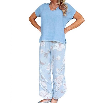 Women's Floral Linen Pants With Ruffle Detailed Leg - Look Mode USA