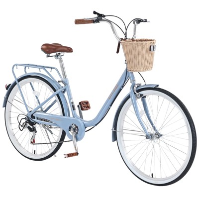 INFURNIC Bicycles 7 Speed City Bike with Basket and Steel Frame for Girls Commuter and Leisure Riding, Blue, 66.93"*24.8"*41.34"
