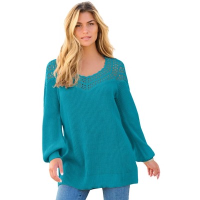 Roaman's Women's Plus Size Sweetheart Crochet Pullover Sweater