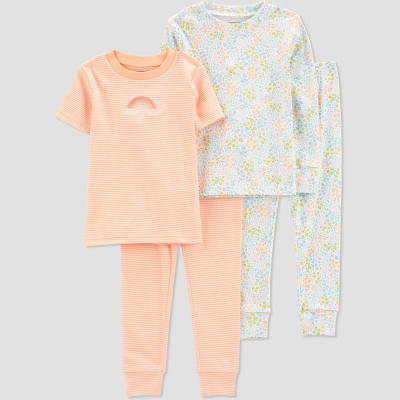 Image of Carter's Just One You®️ Toddler Girls' 4pc Cotton Rainbow and Floral Pajama Set - Green/Coral Orange 3T: Crew Neck