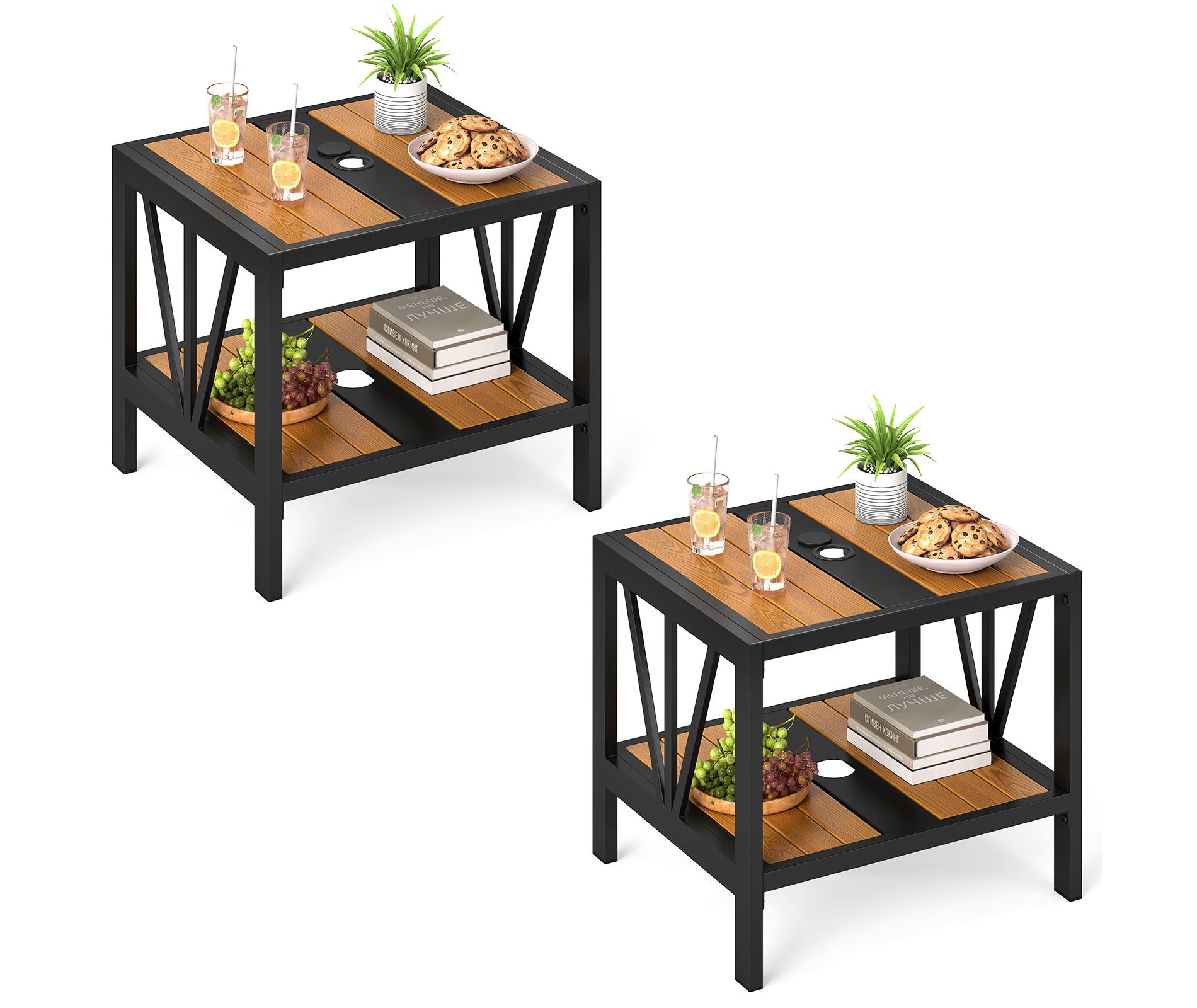 Tangkula 2PCS Outdoor Side Table 2-Tier Coffee End Table w/ 1.57" Umbrella Hole Storage Shelf