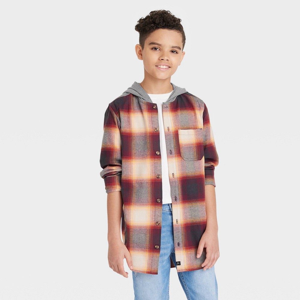 Boys' Flannel Hooded Long Sleeve Button-Down Shirt - art class Burgundy M, Red