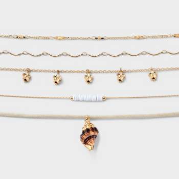 Dainty Chain Choker Necklace with Shell Heishi and Flower Charms Set 5pc - Wild Fable™ Gold