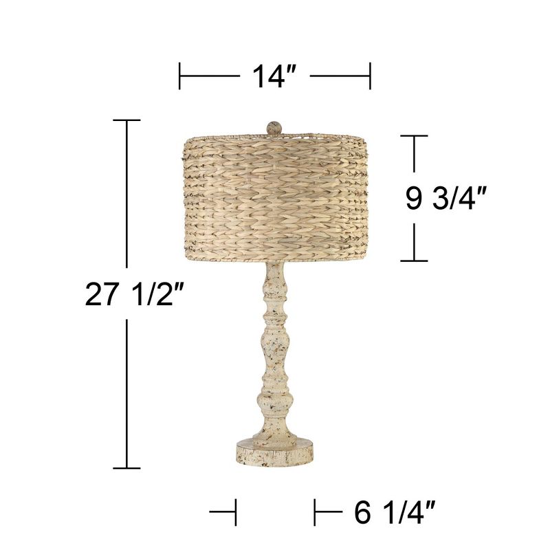 John Timberland Jackson Country Cottage Table Lamp 27 1/2" Tall Distressed Antique White Candlestick Rattan Drum Shade for Bedroom Living Room Bedside, 4 of 9