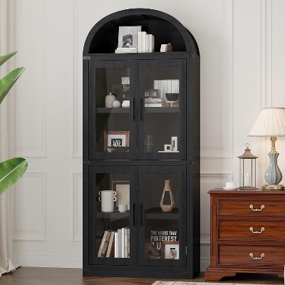 Arched Bookshelf with Doors Farmhouse Bookcase 15.83in Depth Display Storage Shelves 71.4in Tall Wooden Display Cabinet Rounded Bookcases