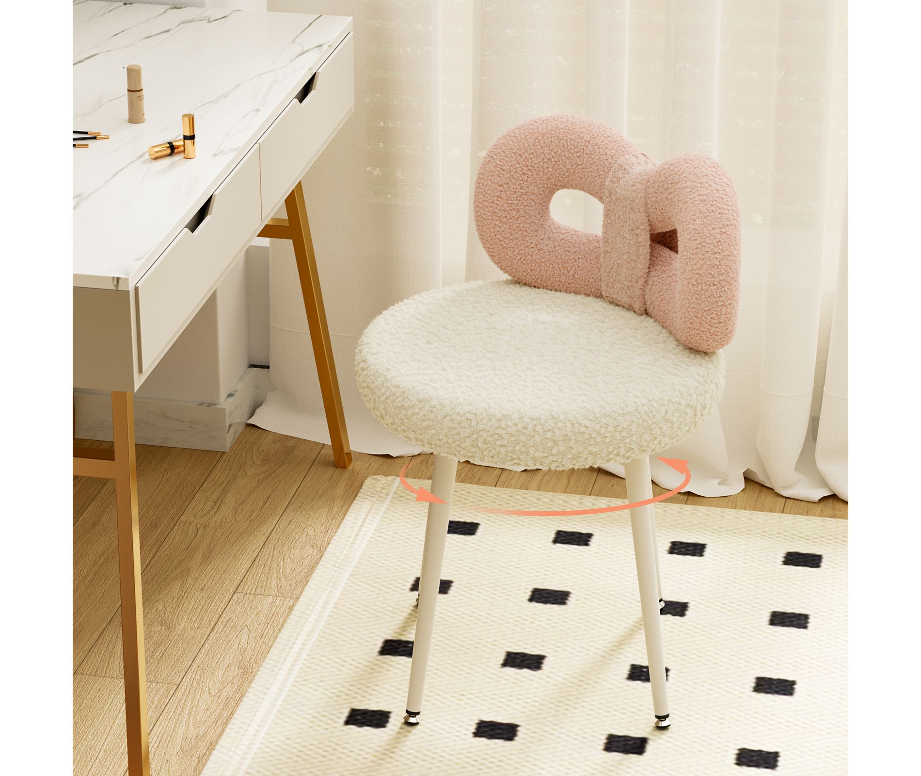 Swivel Vanity Chair with Back for Girls, Kids Bedroom Chair No Wheels, Makeup Chair with Cute Bow Backrest, Pink and white