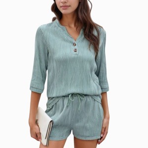 Anna-Kaci Lounge Women's Textured 3/4 Sleeve V-Neck Button Top and Drawstring Shorts Two-Piece Lounge Set - 1 of 4