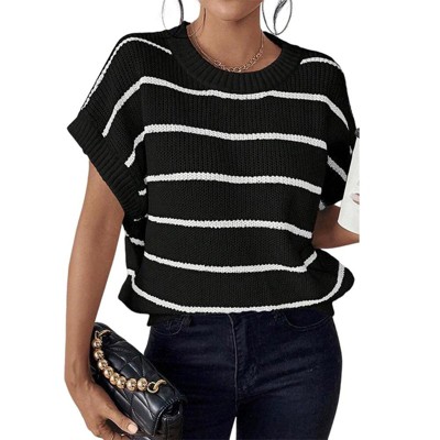 Women's Summer Short Sleeve Pullover Sweater Stripe Crew Neck Lightweight Ribbed Knit Casual Tops
